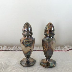 Set of 2 Antique Heavy Metal Silver Plated Salt & Pepper Shakers 4" For Decor
